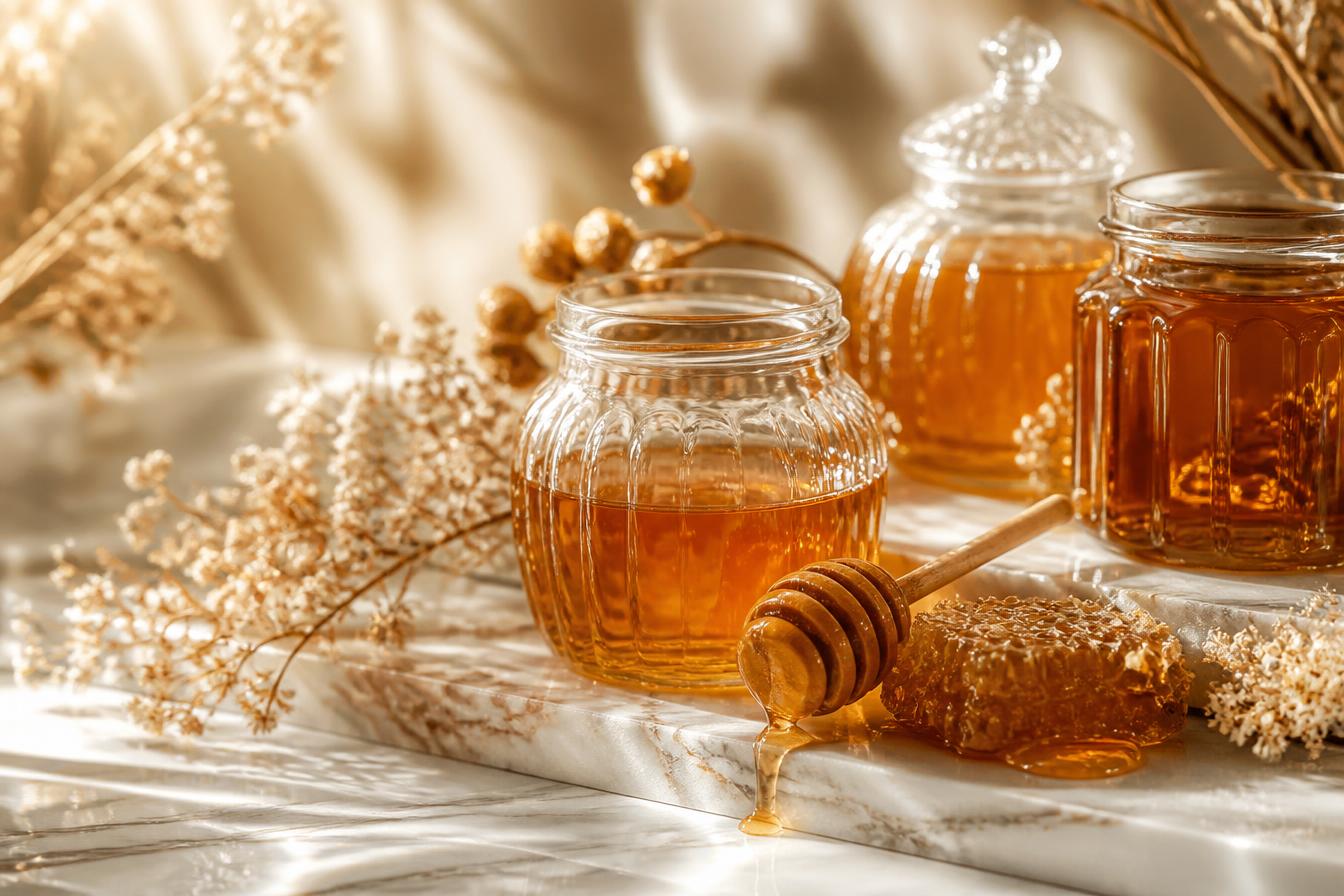 AI-generated luxury honey boutique still life with golden honey jars, honey dipper, and dried flowers on marble.